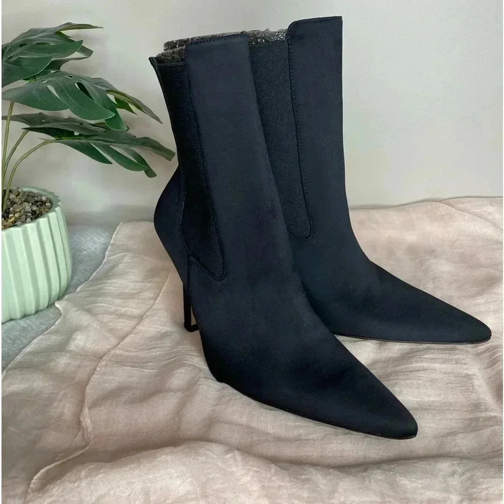 Good American High Kickstand Stiletto Booties Neoprene Black Size 5
